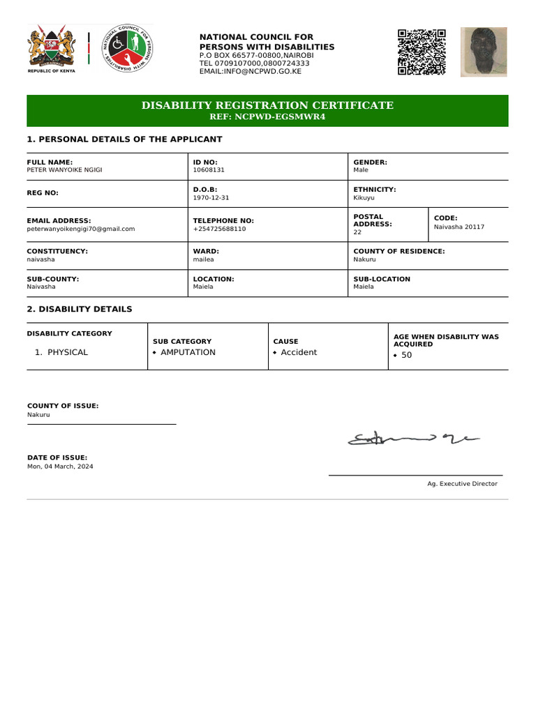 NCPWD EGSMWR4 Disability Registration Certificate | PDF