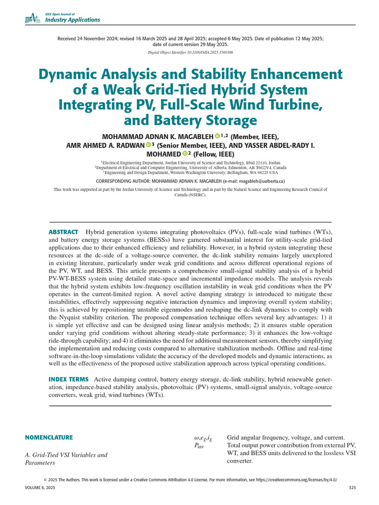 Dynamic Analysis and Stability Enhancement of a Weak Grid-Tied Hybrid ...