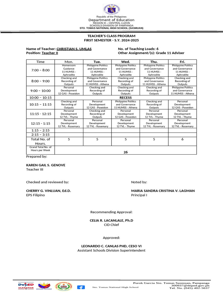 New Shs Teachers - Individual Class Program - Sy 2024-2025 | PDF ...