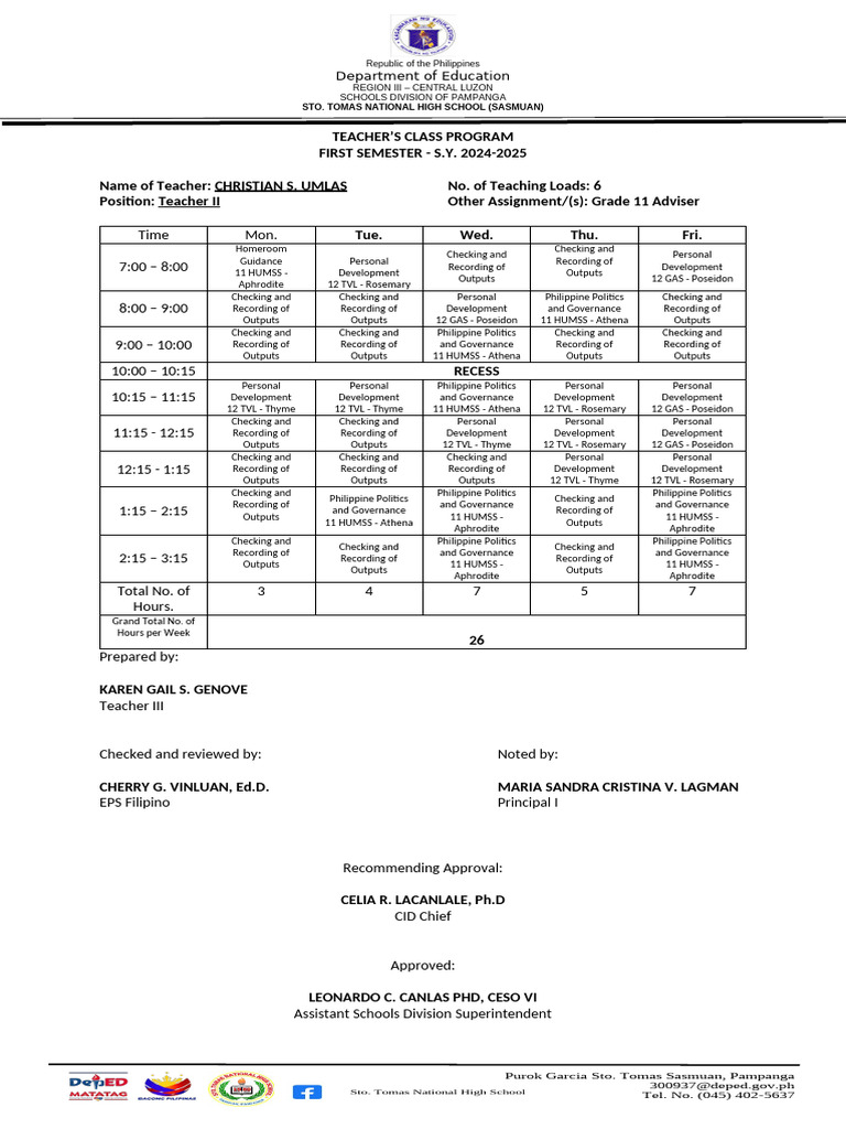 Shs Teachers_individual Class Program_sy 2024-2025 | PDF