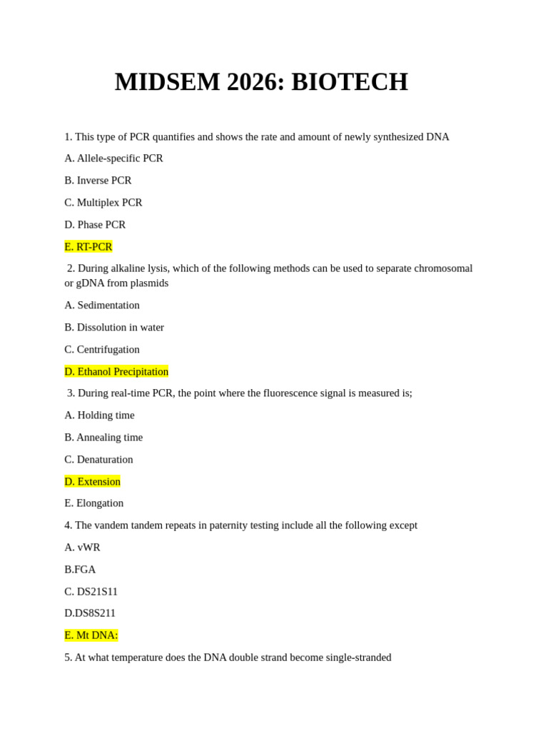 Midsem 2026 Biotech Exams | PDF | Polymerase Chain Reaction | Dna