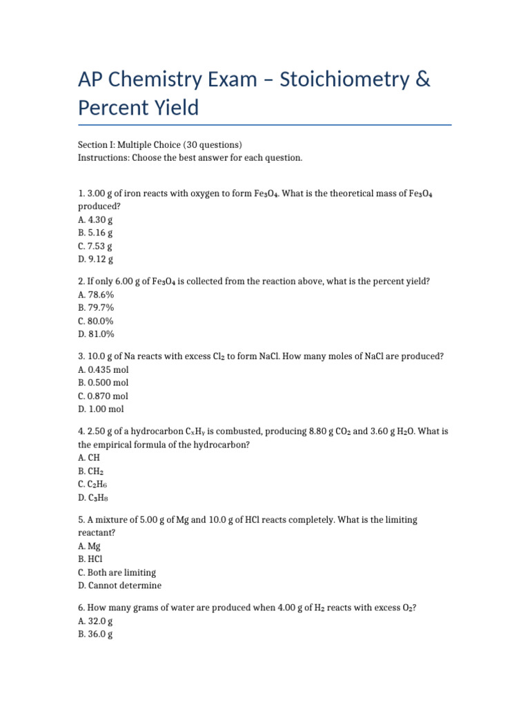 AP Chem Stoichiometry Full Exam | PDF | Mole (Unit) | Stoichiometry