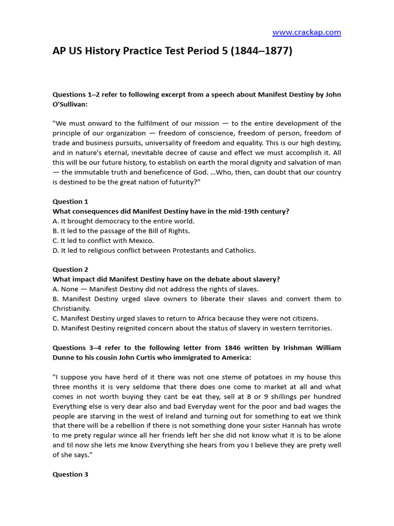AP US History Practice Test Period 5 (1844–1877) | PDF | Abolitionism ...