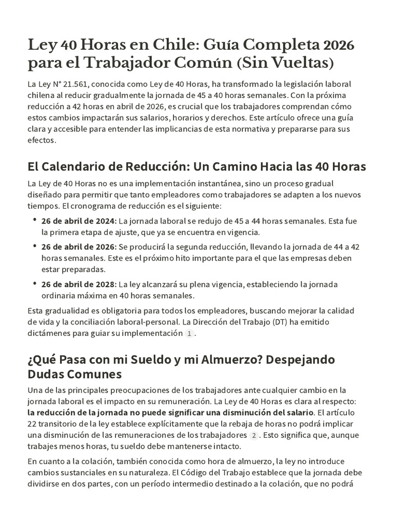 Ley 40 Horas en Chile Guía Completa 2026 Para El Trabajador Común (Sin ...