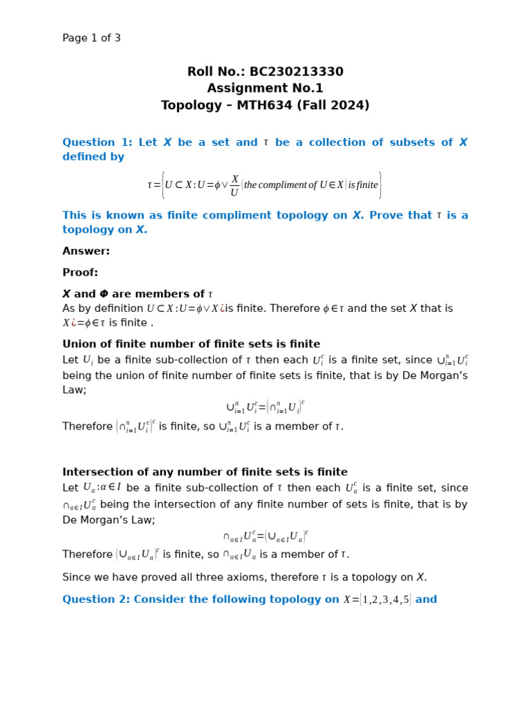 Assignment No.1 MTH634 | PDF | Space | General Topology