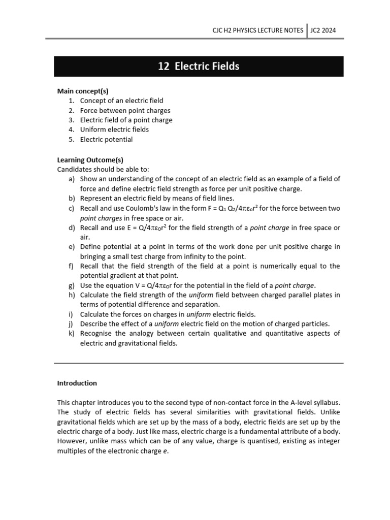 12. Electric Field_Notes 2024 | PDF | Electric Charge | Electric Field