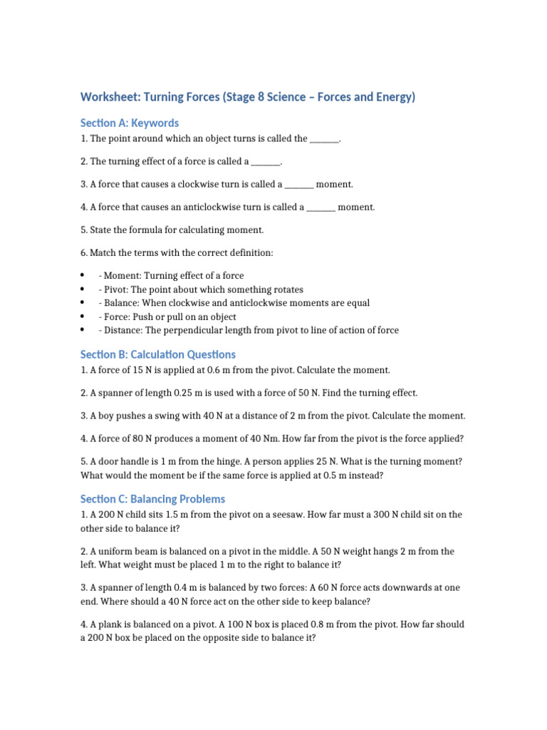 Turning Forces Worksheet | PDF