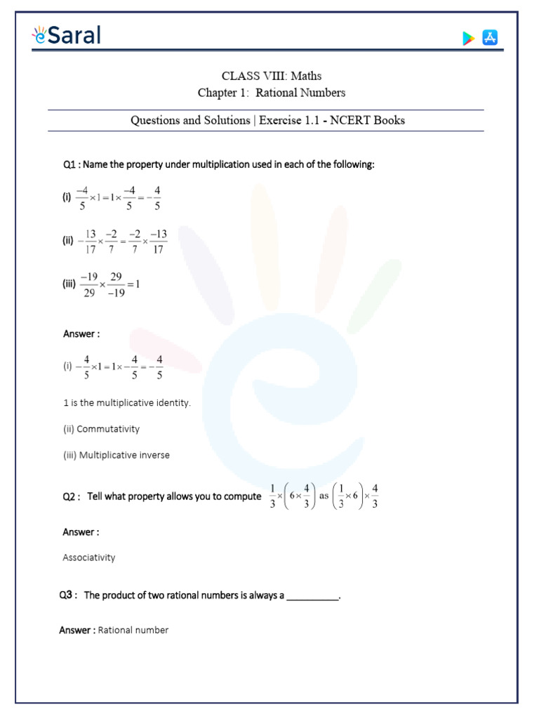 184256 NCERT Solutions for Class 8 Maths Chapter 1 Rational Numbers PDF ...