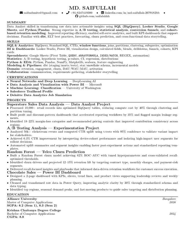 Data Analyst Role Resume | PDF | Data Analysis | Analytics