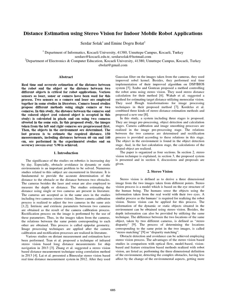 Distance Estimation Using Stereo Vision for Indoor Mobile Robot ...