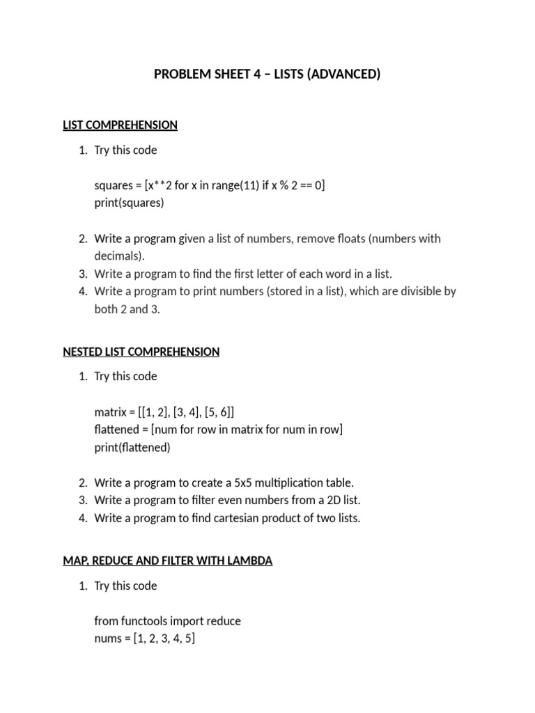 Advanced List Problem Sheet 4 | PDF