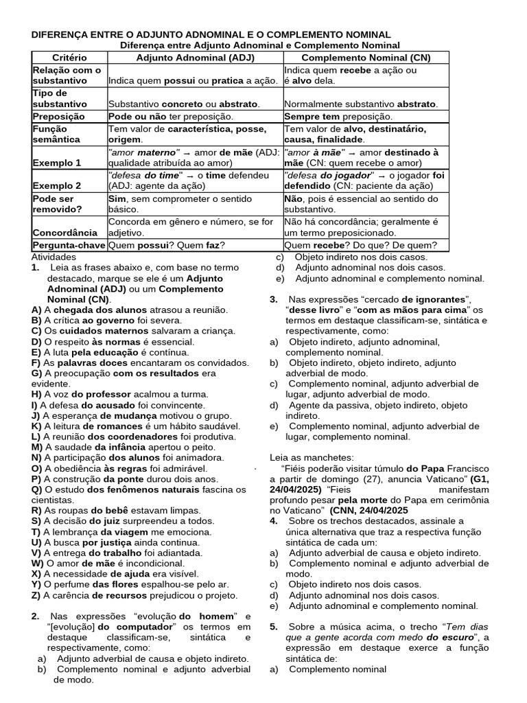 Diferença Entre o Adjunto Adnominal e o Complemento Nominal | PDF ...