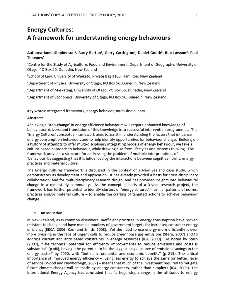 Stephenson Et Al Energy Cultures Framework May 2010 | PDF | Behavior ...