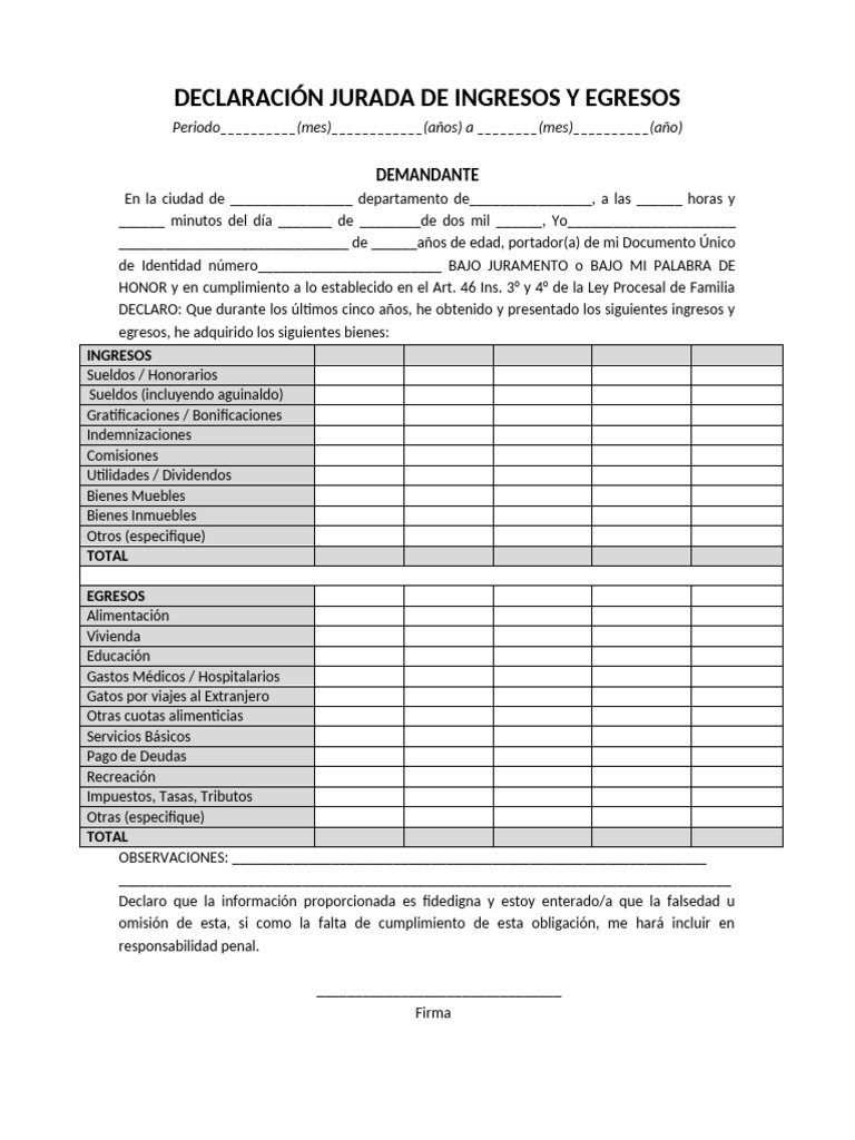 Declaracin Jurada de Ingresos y Egresos Corregido | PDF
