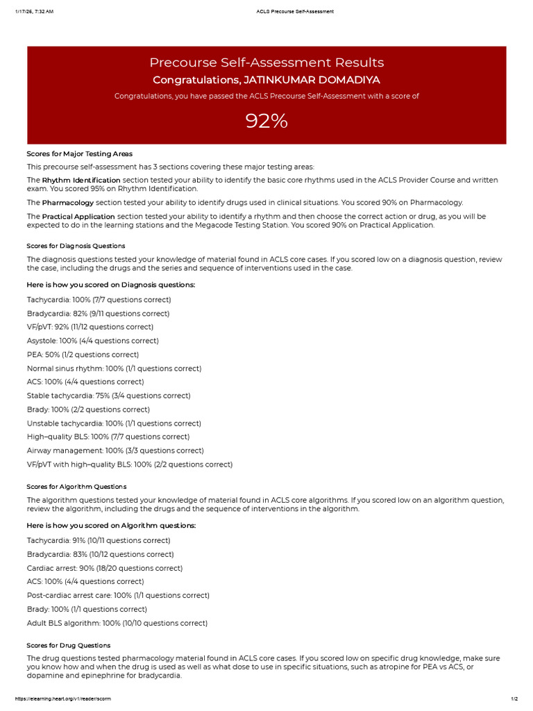 AHA ELearning - ACLS Precourse Self-Assessment | PDF | Cardiac ...