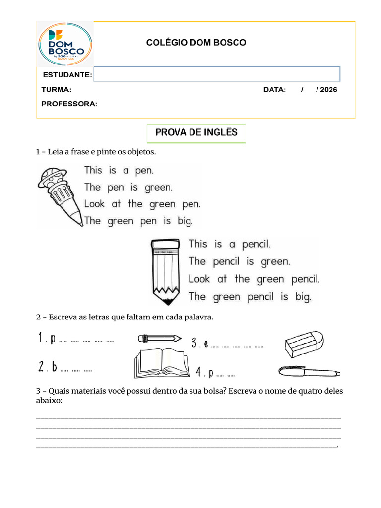Prova 3º Ano Inglês | PDF