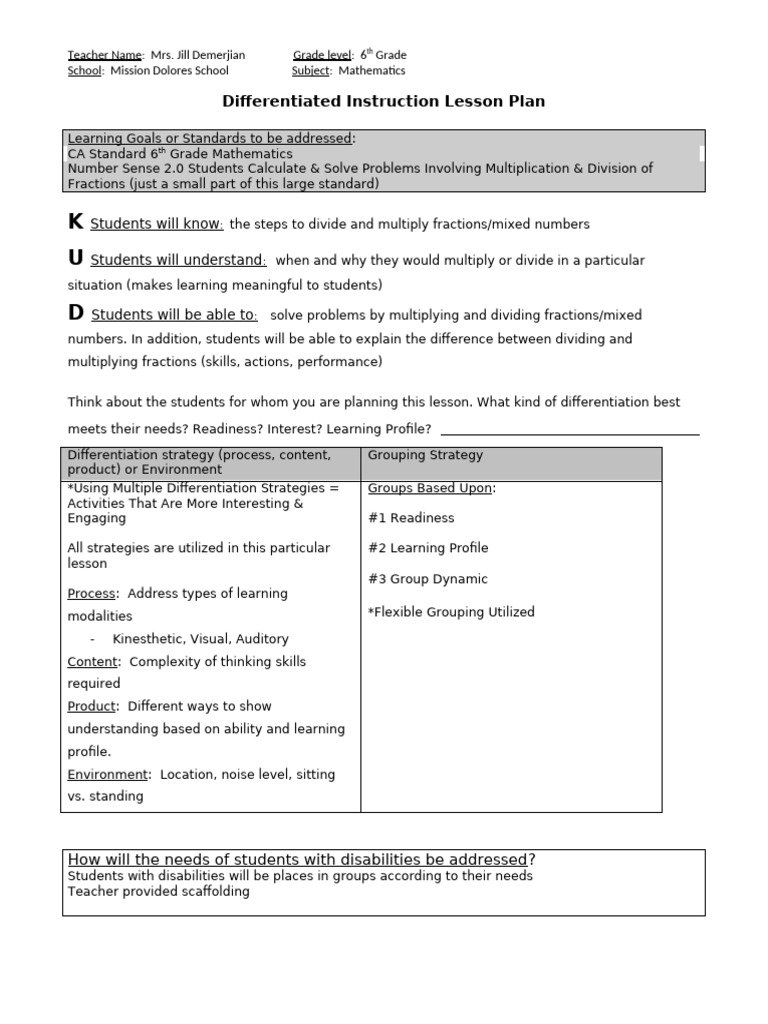 Differentiated Instruction Lesson Template | PDF | Differentiated ...