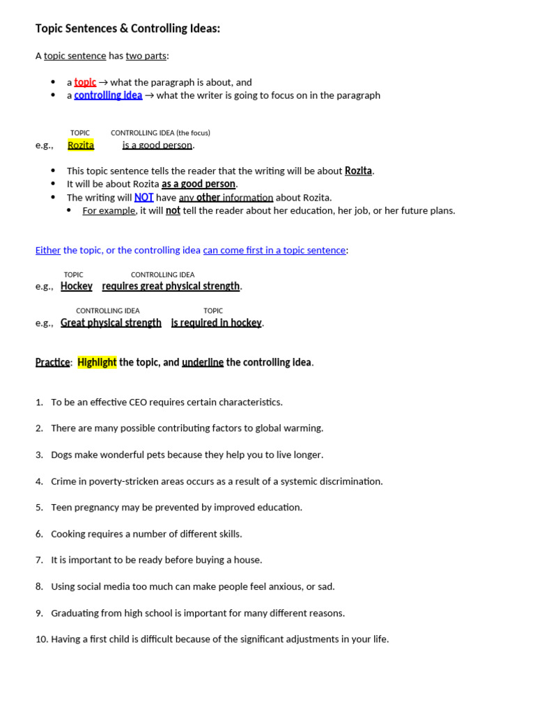 Topic Sentences & Controlling IdeasF | PDF