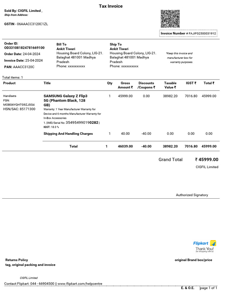 Galaxy z Flip Invoice | PDF | Mobile Phones