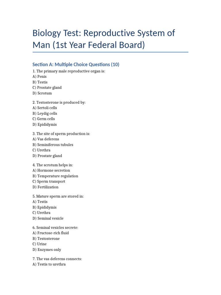 Male Reproductive System Test | PDF