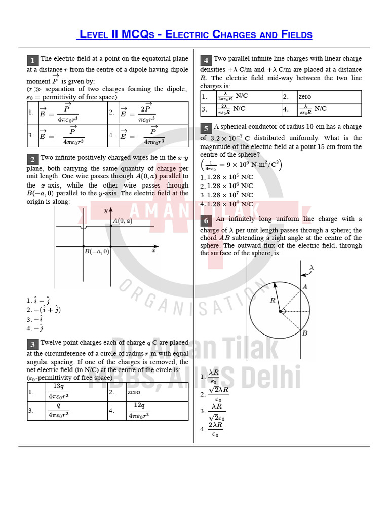 15. Level II MCQs - Electric Charges and Fields | PDF | Sphere ...