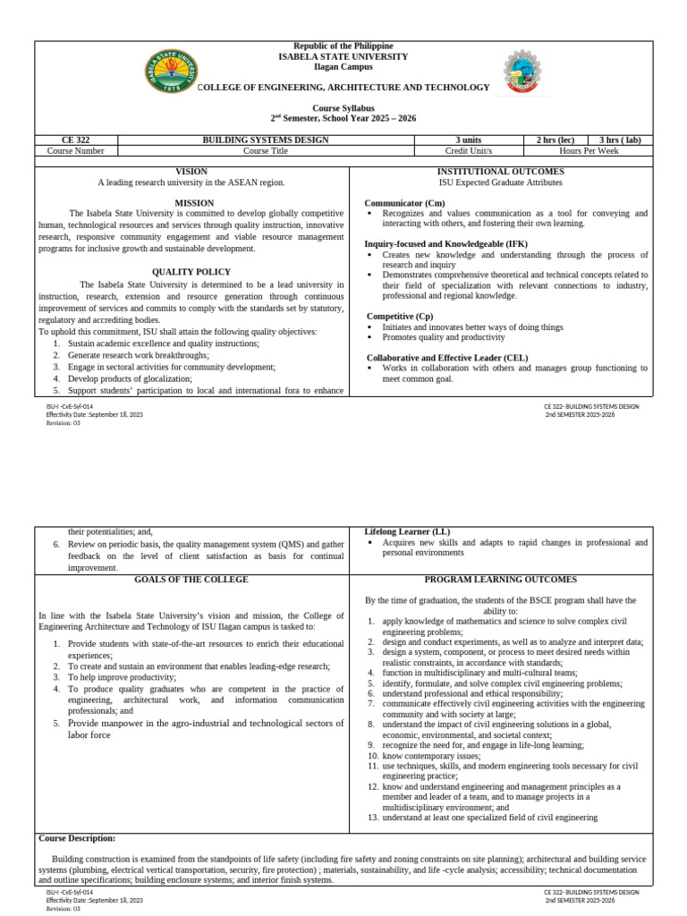 2nd Sem 25 26 SYLLABUS CE 322 Building Systems Design | PDF ...