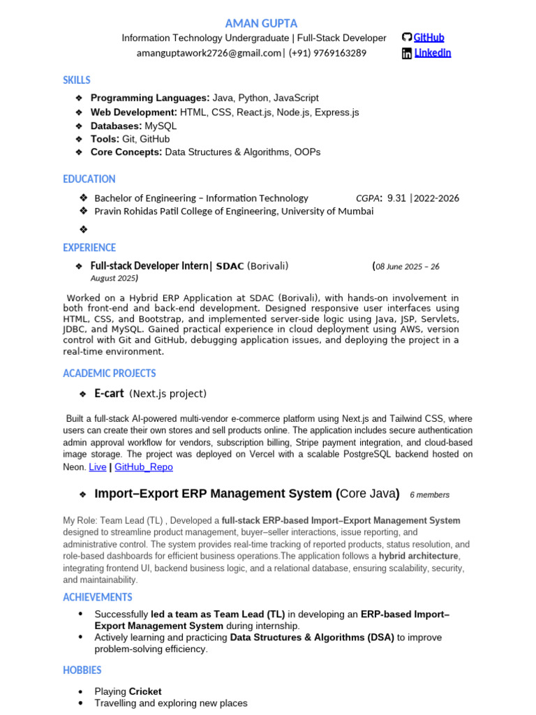 Aman Gupta Resume | PDF | Web Development | Computer Engineering