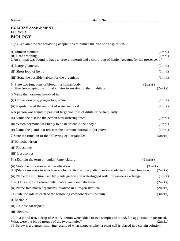 Biology Form 3 t1 2026 Holiday Assignment | PDF | Pathogen | Biology