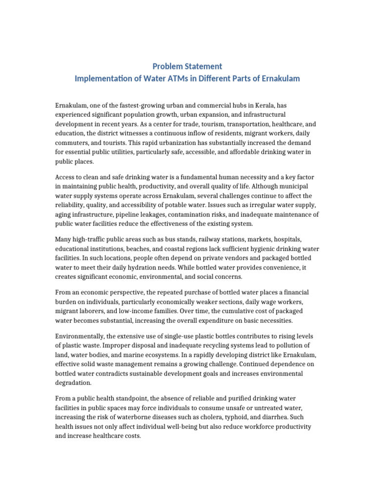 Elaborated Problem Statement Water ATMs Ernakulam | PDF | Drinking ...