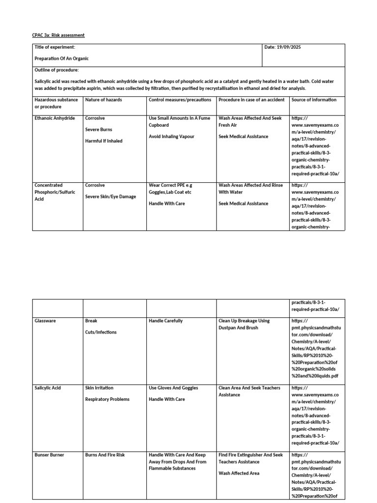 RP10A Risk Assessment Chemistry | PDF | Sulfuric Acid | Chemistry