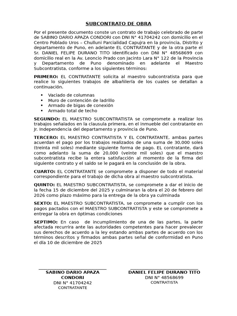 Subcontrato de Obra | PDF