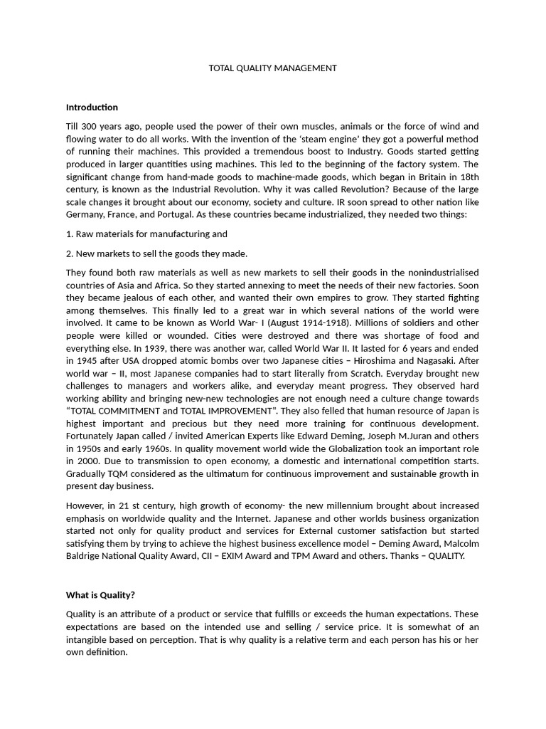Total Quality Management (1) | PDF | Quality (Business) | Supply Chain