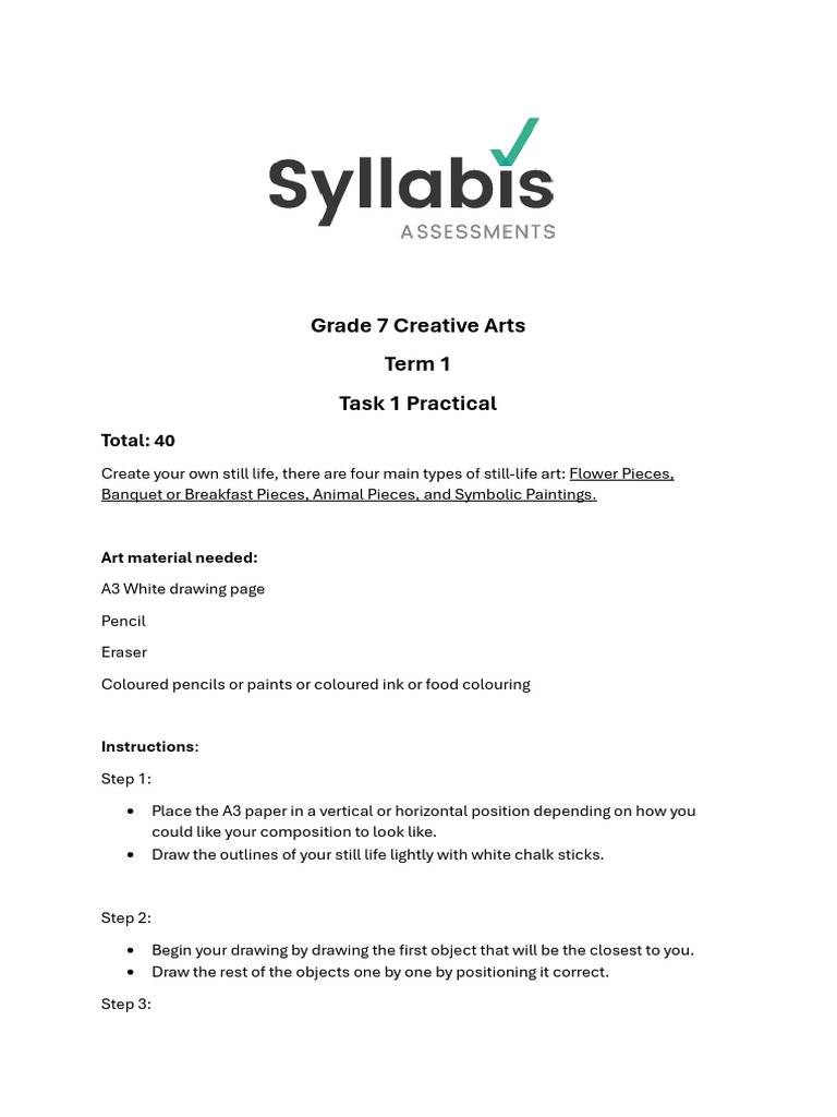 Creative Arts Task 1 - Practical | PDF | Still Life | Visual Arts