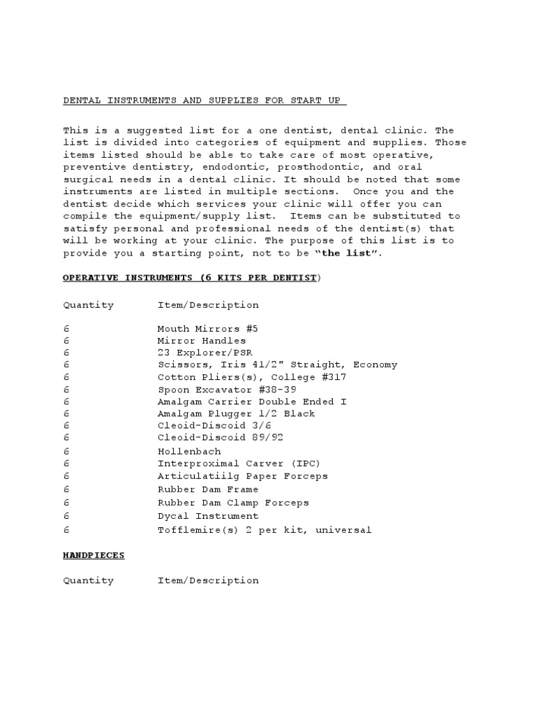 Dental Instrument Supply List | PDF