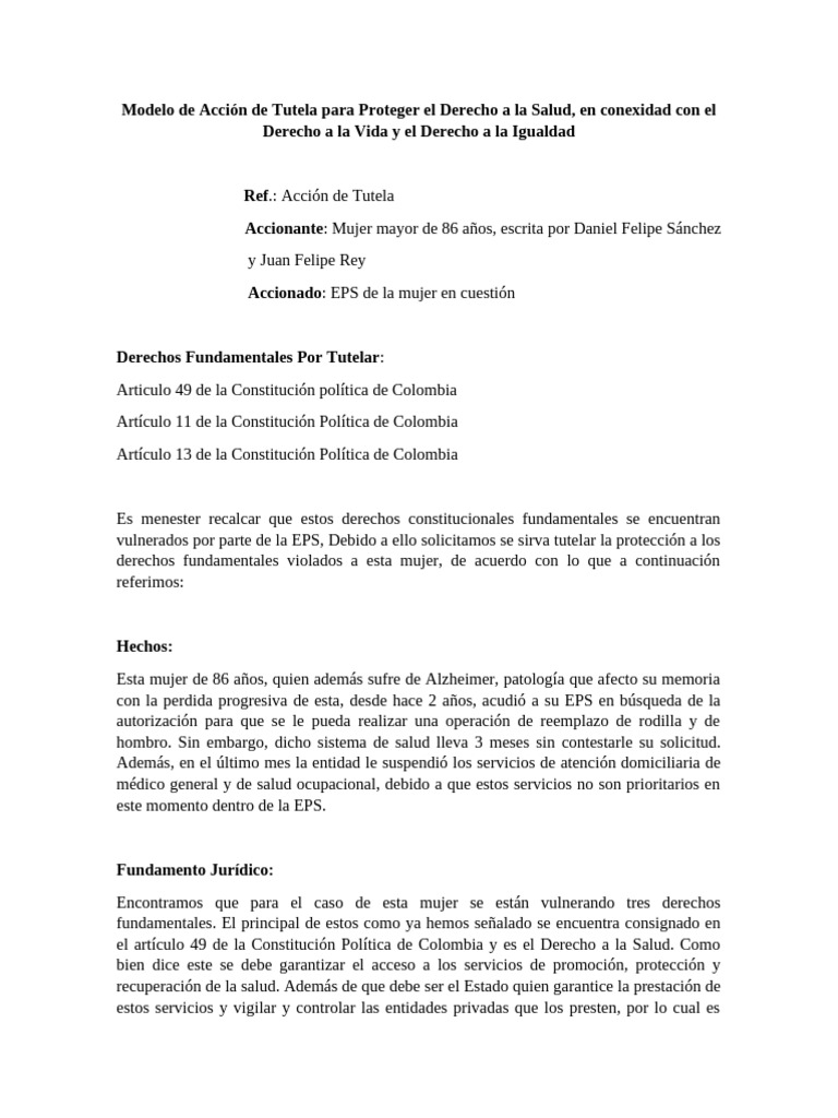 Modelo de Acción de Tutela Para Proteger El Derecho a La Salud en ...