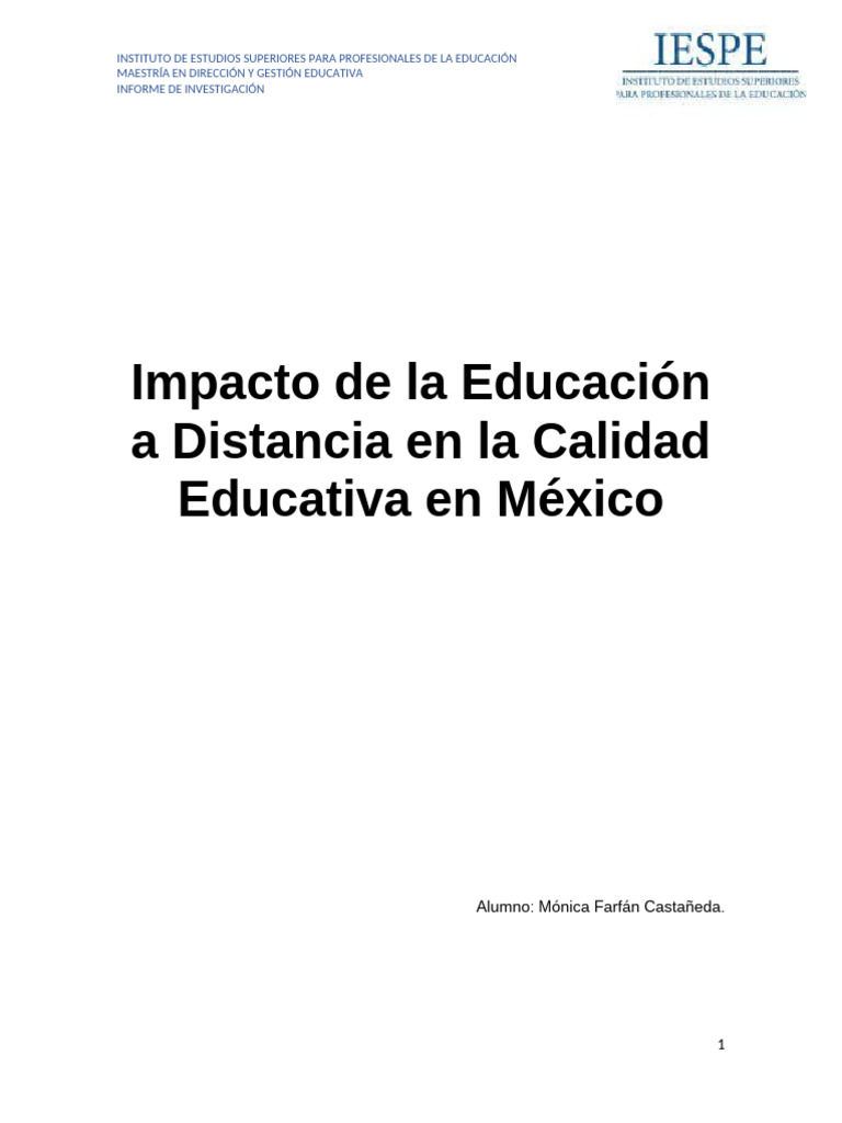 Impacto de la Educación a Distancia en la Calidad Educativa en Méxic1 | PDF