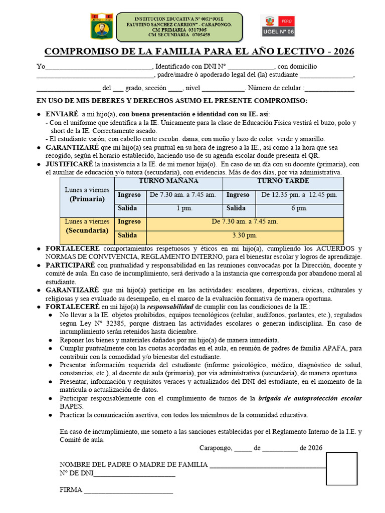 Compromiso de Padres de Familia 2026 1 | PDF
