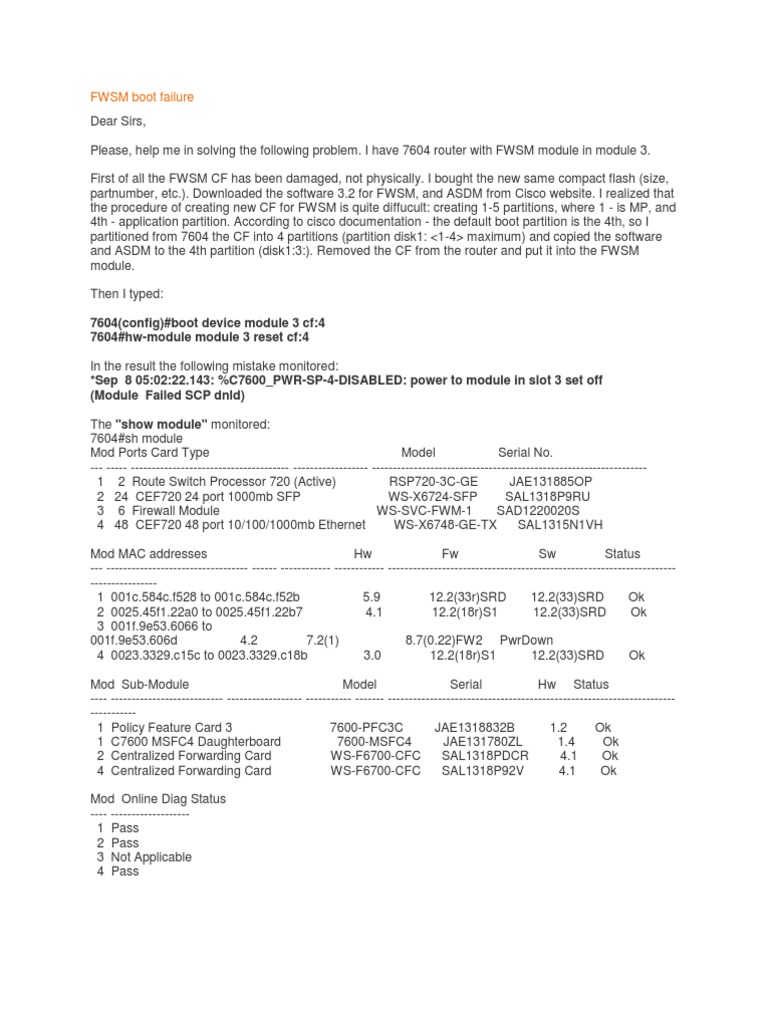 FWSM Module Boot Failure Resolution | PDF | Booting | Electrical ...