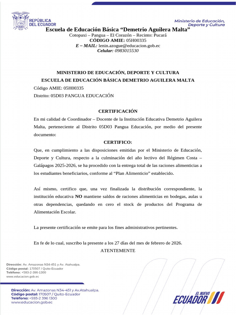 Certificado Alimentación Escolar | PDF