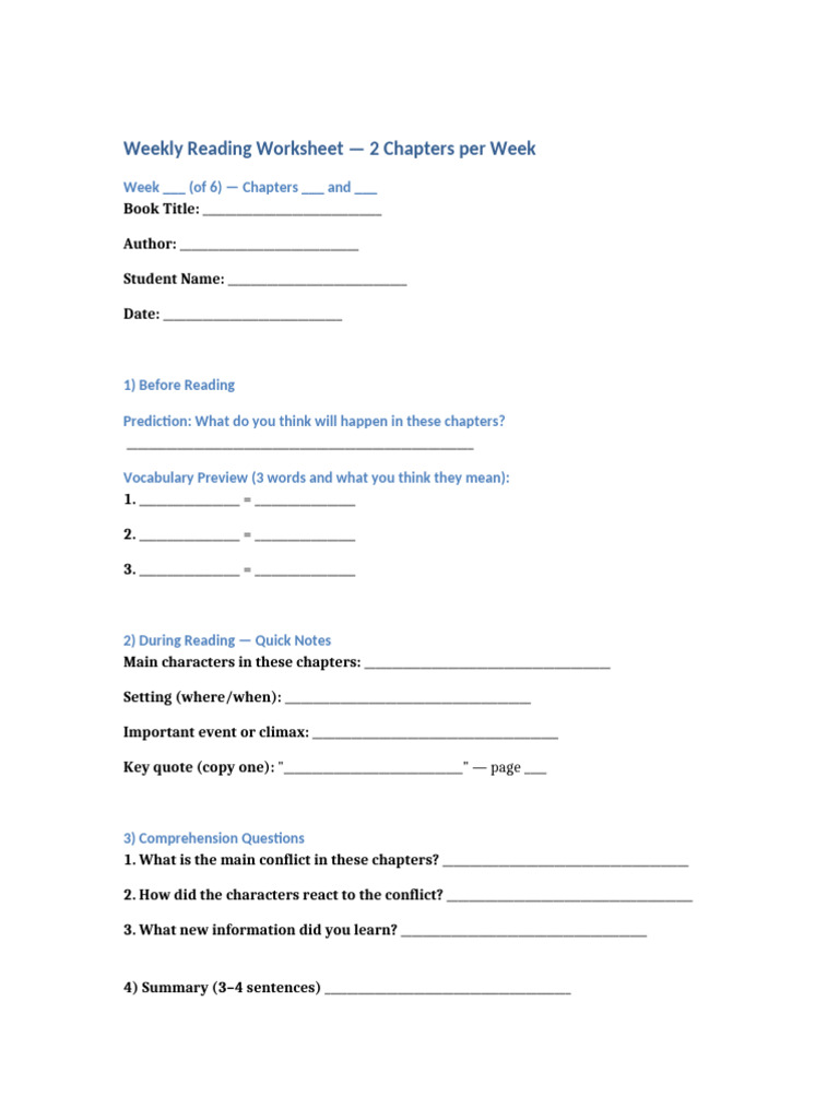 Weekly Reading Worksheet Template 2 | PDF