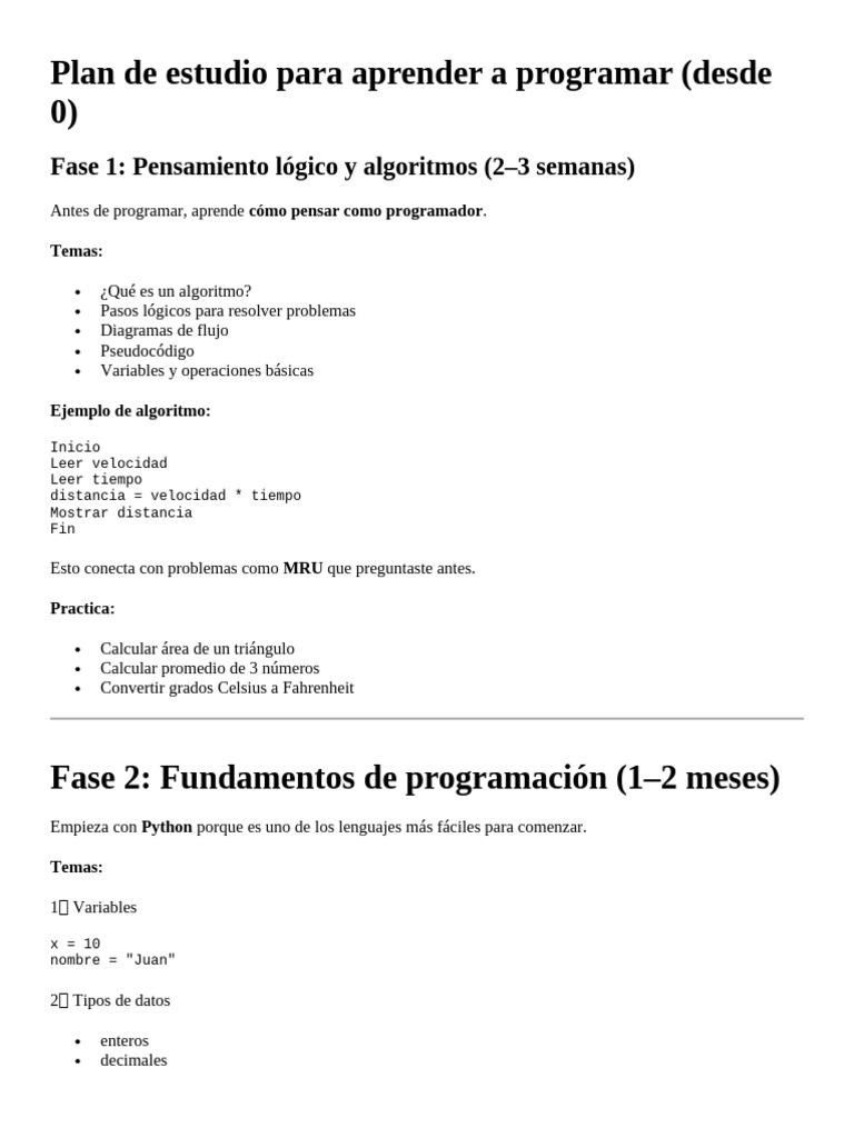 Plan de Estudio Para Aprender a Programar | PDF