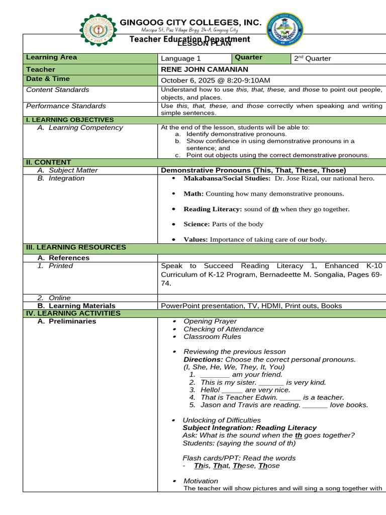 LP_Demonstrative Pronouns (1) | PDF | Plural | Grammatical Number