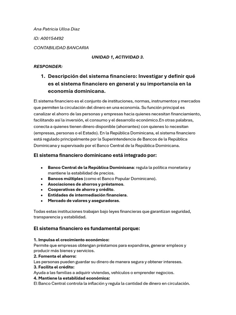 UNIDAD 1, ACTIVIDAD 3 CONTABILIDAD BANCARIA | PDF | Bancos | Sistema ...