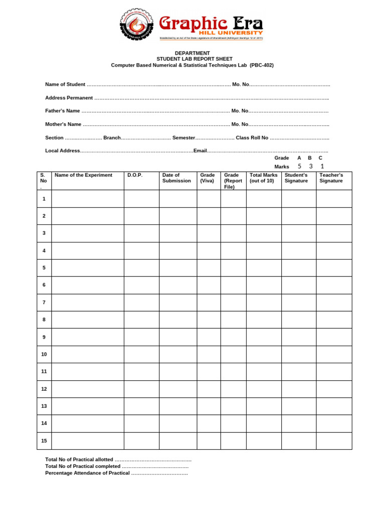 Annexure D PBC-402 (Individual Student Lab Detail) | PDF