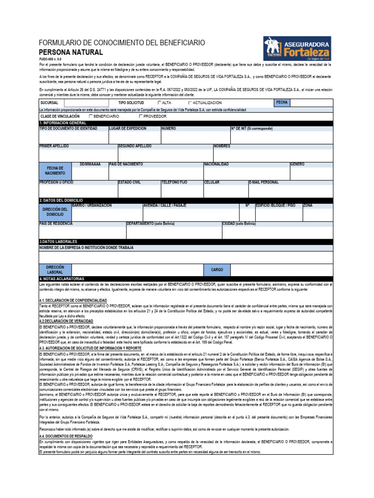 Fudc 003 Conocimiento Beneficiario-pn v 3.0 (Vida)1 | PDF | Seguro