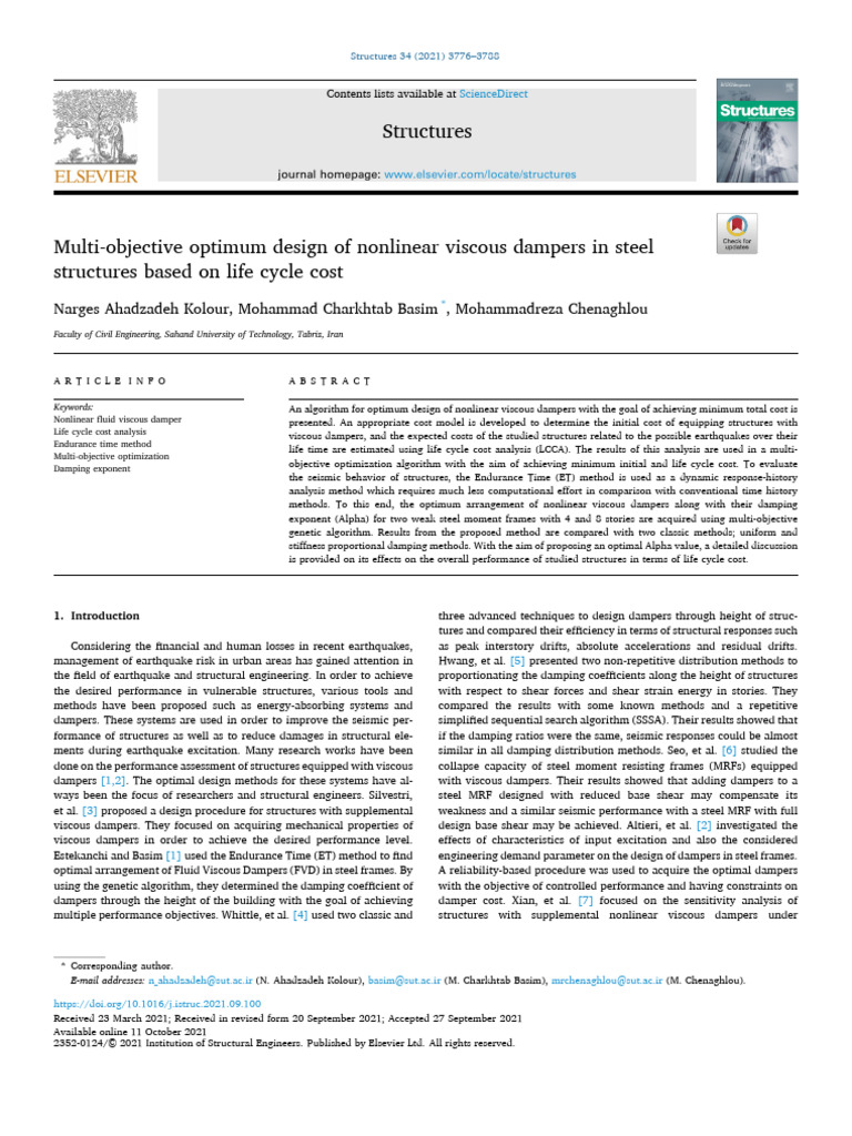 Multi-Objective Optimum Design of Nonlinear Viscous Dampers in Steel ...