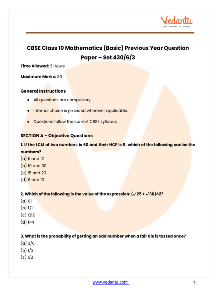 CBSE Class 10 Maths Set 3 2025 (Basic) Question Paper PDF & Marking ...