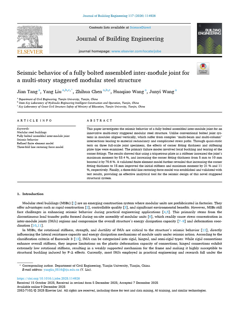 seismic behavior of fully bolted assembled inter-module joint for a ...