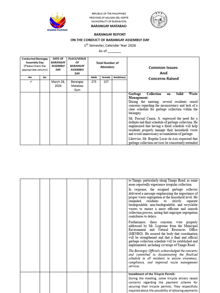 Matabao- Barangay Assembly Report 1st Quarter 2026 | PDF | Pollution ...