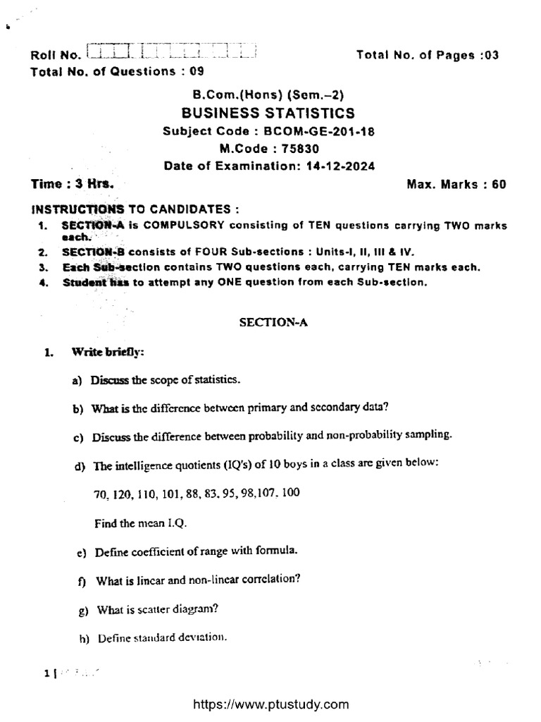 Bcom 2 Sem Business Statistics 75830 Dec 2024 (2) | PDF